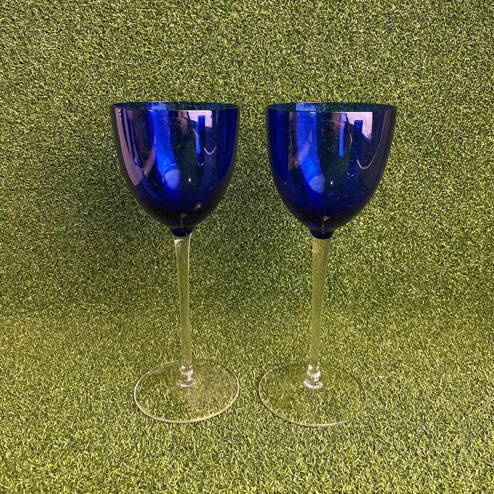 Vintage Set of 2 Hand Blown Cobalt Blue Wine Glass Clear Stems